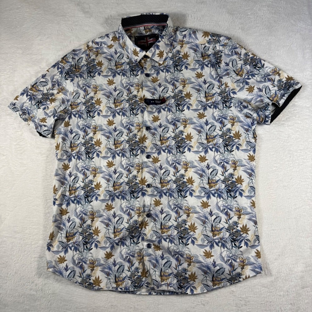 Soul of London Floral Button Down Mens L White‎ Blue Short Sleeve Stretch Cotton
